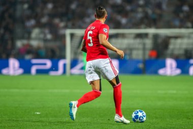 Thessaloniki, Yunanistan - 29 Ağustos 2018: Oyuncu, Benfica Ljubomir Fejsa eylem Uefa Şampiyonlar Ligi Play-off mücadelesi sırasında 2 bacak Paok vs Fc Benfica Toumba Stadı'nda oynanan