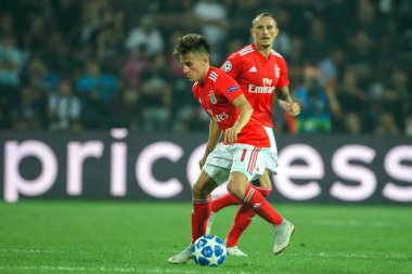 Thessaloniki, Yunanistan - 29 Ağustos 2018: Oyuncu, Benfica Franco Cervi eylem Uefa Şampiyonlar Ligi Play-off mücadelesi sırasında 2 bacak Paok vs Fc Benfica Toumba Stadı'nda oynanan