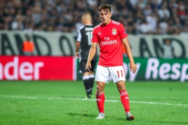 Thessaloniki, Yunanistan - 29 Ağustos 2018: Oyuncu, Benfica Franco Cervi eylem Uefa Şampiyonlar Ligi Play-off mücadelesi sırasında 2 bacak Paok vs Fc Benfica Toumba Stadı'nda oynanan