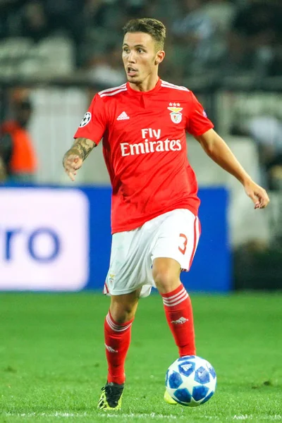 Thessaloniki, Yunanistan - 29 Ağustos 2018: Oyuncu, Benfica Alex Grimaldo Uefa Şampiyonlar Ligi Play-off mücadelesi sırasında eylem, 2 bacak Paok vs Fc Benfica Toumba Stadı'nda oynanan