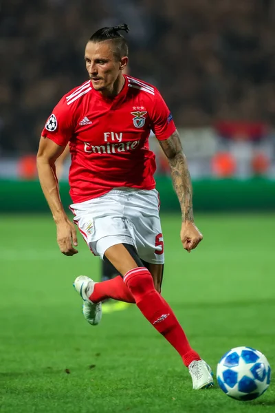 Thessaloniki, Yunanistan - 29 Ağustos 2018: Oyuncu, Benfica Ljubomir Fejsa eylem Uefa Şampiyonlar Ligi Play-off mücadelesi sırasında 2 bacak Paok vs Fc Benfica Toumba Stadı'nda oynanan