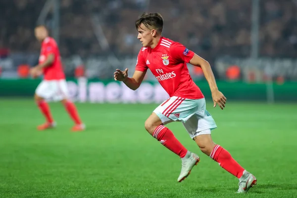 Thessaloniki, Yunanistan - 29 Ağustos 2018: Oyuncu, Benfica Franco Cervi eylem Uefa Şampiyonlar Ligi Play-off mücadelesi sırasında 2 bacak Paok vs Fc Benfica Toumba Stadı'nda oynanan