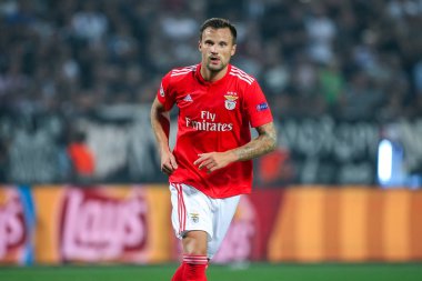 Thessaloniki, Yunanistan - 29 Ağustos 2018: Oyuncu, Benfica Haris Seferovic Uefa Şampiyonlar Ligi Play-off mücadelesi sırasında eylem, 2 bacak Paok vs Fc Benfica Toumba Stadı'nda oynanan