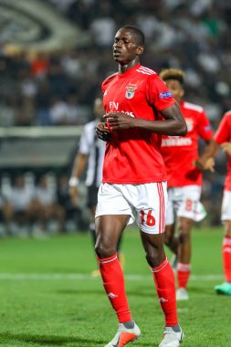 Thessaloniki, Yunanistan - 29 Ağustos 2018: Oyuncu, Benfica Alfa Semedo Uefa Şampiyonlar Ligi Play-off mücadelesi sırasında eylem, 2 bacak Paok vs Fc Benfica Toumba Stadı'nda oynanan