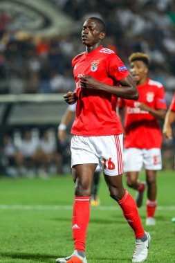 Thessaloniki, Yunanistan - 29 Ağustos 2018: Oyuncu, Benfica Alfa Semedo Uefa Şampiyonlar Ligi Play-off mücadelesi sırasında eylem, 2 bacak Paok vs Fc Benfica Toumba Stadı'nda oynanan