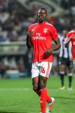 Thessaloniki, Yunanistan - 29 Ağustos 2018: Oyuncu, Benfica Alfa Semedo Uefa Şampiyonlar Ligi Play-off mücadelesi sırasında eylem, 2 bacak Paok vs Fc Benfica Toumba Stadı'nda oynanan