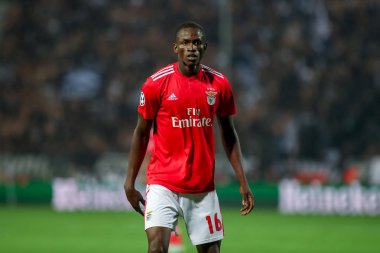 Thessaloniki, Yunanistan - 29 Ağustos 2018: Oyuncu, Benfica Alfa Semedo Uefa Şampiyonlar Ligi Play-off mücadelesi sırasında eylem, 2 bacak Paok vs Fc Benfica Toumba Stadı'nda oynanan