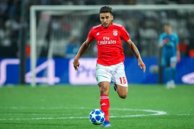 Thessaloniki, Yunanistan - 29 Ağustos 2018: Oyuncu, Benfica Eduardo Salvio eylem Uefa Şampiyonlar Ligi Play-off mücadelesi sırasında 2 bacak Paok vs Fc Benfica Toumba Stadı'nda oynanan