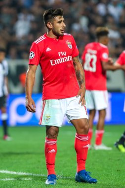 Thessaloniki, Yunanistan - 29 Ağustos 2018: Oyuncu, Benfica Eduardo Salvio eylem Uefa Şampiyonlar Ligi Play-off mücadelesi sırasında 2 bacak Paok vs Fc Benfica Toumba Stadı'nda oynanan