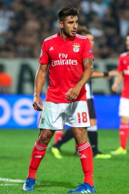 Thessaloniki, Yunanistan - 29 Ağustos 2018: Oyuncu, Benfica Eduardo Salvio eylem Uefa Şampiyonlar Ligi Play-off mücadelesi sırasında 2 bacak Paok vs Fc Benfica Toumba Stadı'nda oynanan