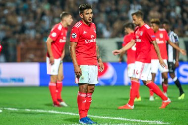 Thessaloniki, Yunanistan - 29 Ağustos 2018: Oyuncu, Benfica Eduardo Salvio eylem Uefa Şampiyonlar Ligi Play-off mücadelesi sırasında 2 bacak Paok vs Fc Benfica Toumba Stadı'nda oynanan