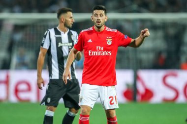 Thessaloniki, Yunanistan - 29 Ağustos 2018: Oyuncu, Benfica Pizzi eylem Uefa Şampiyonlar Ligi Play-off mücadelesi sırasında 2 bacak Paok vs Fc Benfica Toumba Stadı'nda oynanan
