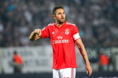 Thessaloniki, Yunanistan - 29 Ağustos 2018: Oyuncu, Benfica Jardel eylem Uefa Şampiyonlar Ligi Play-off mücadelesi sırasında 2 bacak Paok vs Fc Benfica Toumba Stadı'nda oynanan
