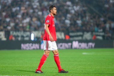 Thessaloniki, Yunanistan - 29 Ağustos 2018: Oyuncu, Benfica Jardel eylem Uefa Şampiyonlar Ligi Play-off mücadelesi sırasında 2 bacak Paok vs Fc Benfica Toumba Stadı'nda oynanan
