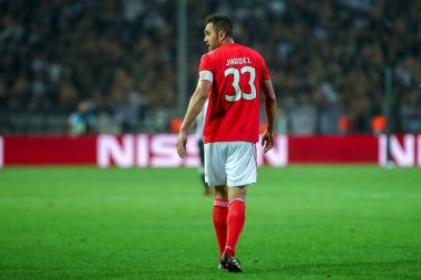 Thessaloniki, Yunanistan - 29 Ağustos 2018: Oyuncu, Benfica Jardel eylem Uefa Şampiyonlar Ligi Play-off mücadelesi sırasında 2 bacak Paok vs Fc Benfica Toumba Stadı'nda oynanan