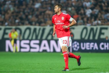 Thessaloniki, Yunanistan - 29 Ağustos 2018: Oyuncu, Benfica Jardel eylem Uefa Şampiyonlar Ligi Play-off mücadelesi sırasında 2 bacak Paok vs Fc Benfica Toumba Stadı'nda oynanan