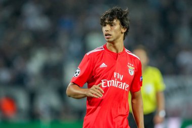 Thessaloniki, Yunanistan - 29 Ağustos 2018: Oyuncu, Benfica Joao Felix eylem Uefa Şampiyonlar Ligi Play-off mücadelesi sırasında 2 bacak Paok vs Fc Benfica Toumba Stadı'nda oynanan
