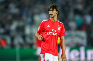 Thessaloniki, Yunanistan - 29 Ağustos 2018: Oyuncu, Benfica Joao Felix eylem Uefa Şampiyonlar Ligi Play-off mücadelesi sırasında 2 bacak Paok vs Fc Benfica Toumba Stadı'nda oynanan