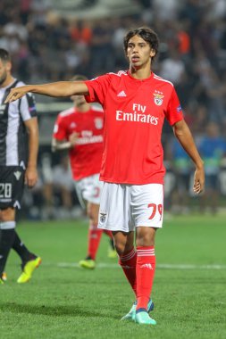 Thessaloniki, Yunanistan - 29 Ağustos 2018: Oyuncu, Benfica Joao Felix eylem Uefa Şampiyonlar Ligi Play-off mücadelesi sırasında 2 bacak Paok vs Fc Benfica Toumba Stadı'nda oynanan