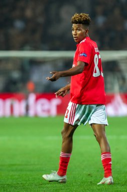 Thessaloniki, Yunanistan - 29 Ağustos 2018: Oyuncu, Benfica Gedson Fernandes eylem Uefa Şampiyonlar Ligi Play-off mücadelesi sırasında 2 bacak Paok vs Fc Benfica Toumba Stadı'nda oynanan