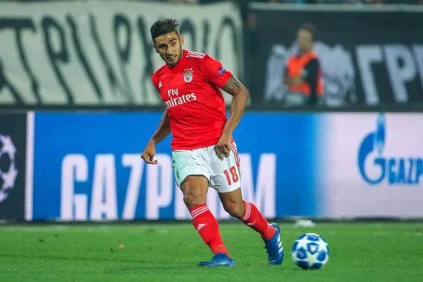 Thessaloniki, Yunanistan - 29 Ağustos 2018: Oyuncu, Benfica Eduardo Salvio eylem Uefa Şampiyonlar Ligi Play-off mücadelesi sırasında 2 bacak Paok vs Fc Benfica Toumba Stadı'nda oynanan