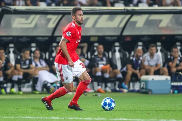 Thessaloniki, Yunanistan - 29 Ağustos 2018: Oyuncu, Benfica Jardel eylem Uefa Şampiyonlar Ligi Play-off mücadelesi sırasında 2 bacak Paok vs Fc Benfica Toumba Stadı'nda oynanan
