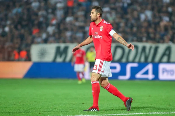 Thessaloniki, Yunanistan - 29 Ağustos 2018: Oyuncu, Benfica Jardel eylem Uefa Şampiyonlar Ligi Play-off mücadelesi sırasında 2 bacak Paok vs Fc Benfica Toumba Stadı'nda oynanan