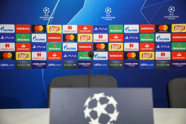 Thessaloniki Greece August 2018 Close Microphone Press Conference Uefa Champions — Stock Photo, Image