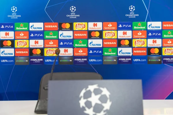 Thessaloniki Greece August 2018 Close Microphone Press Conference Uefa Champions — Stock Photo, Image