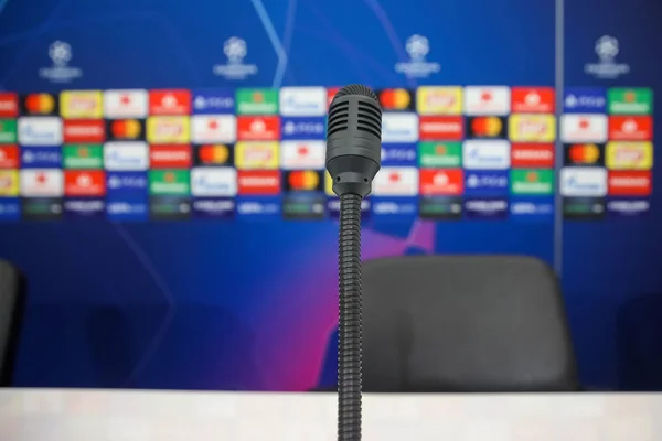 Thessaloniki Griekenland Augustus 2018 Close Microfoon Tijdens Persconferentie Voor Uefa — Stockfoto