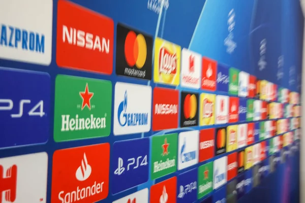 Thessaloniki Greece August 2018 Interview Area Sponsors Logos Uefa Champions — Stock Photo, Image