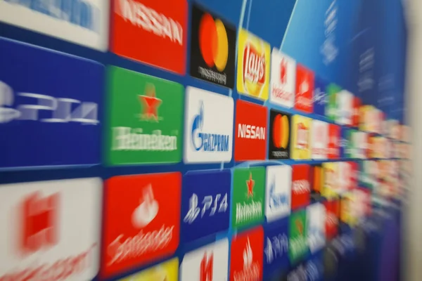 Saloniki Grecja Sierpień 2018 Obszar Wywiad Loga Sponsorów Przed Uefa — Zdjęcie stockowe