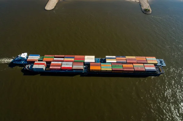 Rhine Netherlands July 2018 Aerial View Merchant Ship Container Crossing — Stock Photo, Image