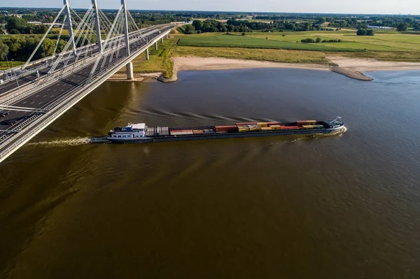 Rhine Netherlands July 2018 Aerial View Merchant Ship Container Crossing — Stock Photo, Image