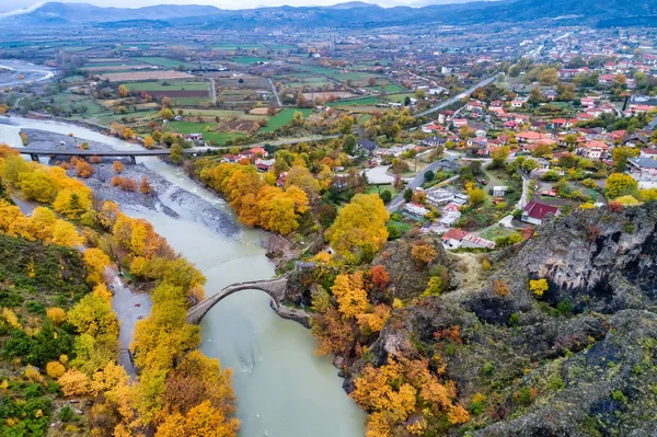 Vista Aérea Ponte Velha Konitsa Rio Aoos Dia Outono Greece — Fotografia de Stock