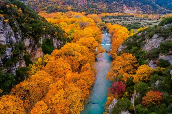 Letecký Pohled Kamenného Mostu Klidonia Zagoria Západní Řecko Epirus Podzim — Stock fotografie