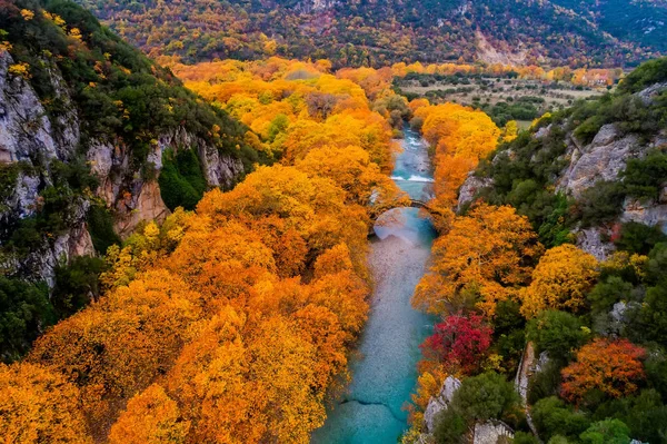 Letecký Pohled Kamenného Mostu Klidonia Zagoria Západní Řecko Epirus Podzim — Stock fotografie