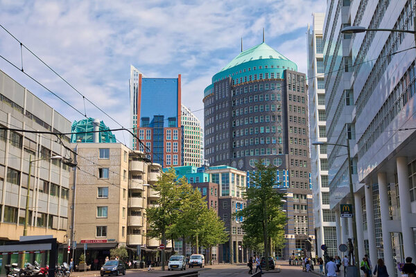 Hague, Netherlands - July 6, 2018: Modern buildings in Den Haag city center , Netherlands