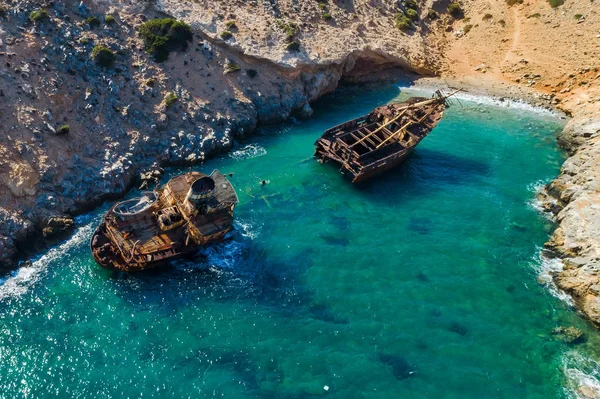 Légi Felvétel Hajótörés Olympia Amorgos Island Cyclades Görögország — Stock Fotó