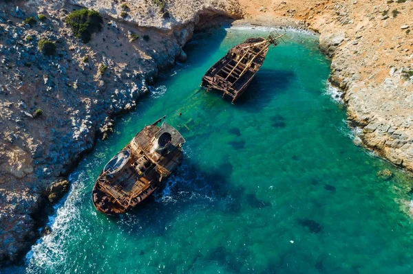 Luchtfoto Van Schipbreuk Olympia Amorgos Eiland Cycladen Griekenland — Stockfoto