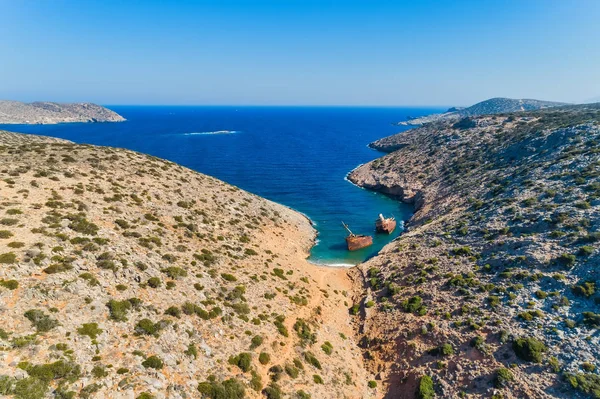 Letecký Pohled Olympia Ztroskotání Ostrově Amorgos Cyclades Řecko — Stock fotografie