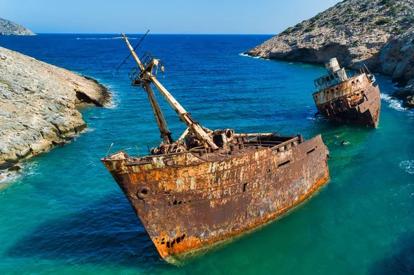 Letecký Pohled Olympia Ztroskotání Ostrově Amorgos Cyclades Řecko — Stock fotografie