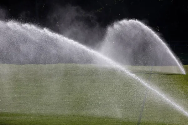 Sprinkler System Working Fresh Green Grass Football Soccer Stadium — Stock Photo, Image