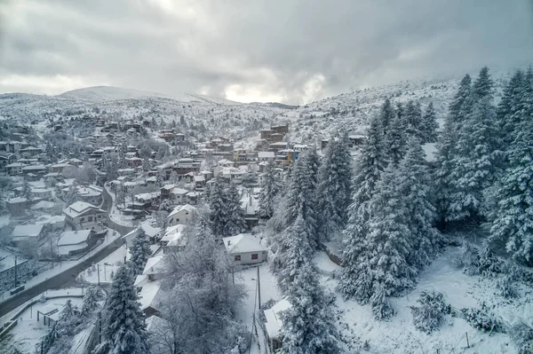Aerial View Seli Traditional Greek Village Covered Snow Winter Morning — Stock Photo, Image