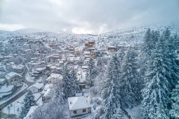 Aerial View Seli Traditional Greek Village Covered Snow Winter Morning — Stock Photo, Image