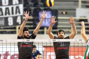 Thessaloniki, Yunanistan - 5 Aralık 2018: Takım oyuncuları arasında Paok rakip Paok spor salonu Indykpol Azs Olsztyn Cev voleybol Kupası oyun sırasında eylem.