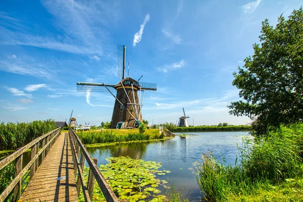 Nézd Hagyományos Szélmalmok Kinderdijk Hollandia Rendszer Szélmalmok Épült 1740 Körül — Stock Fotó