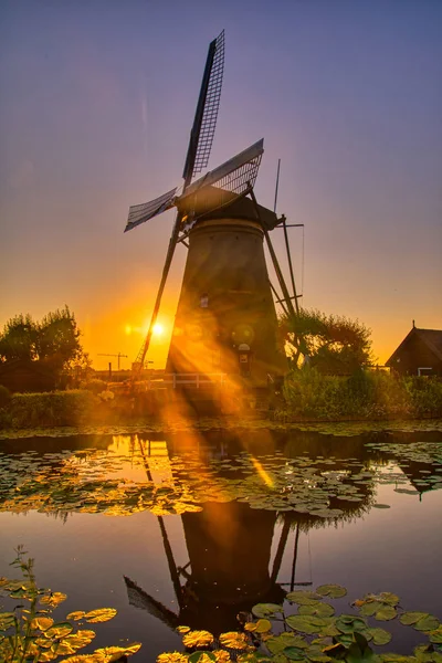 Vista Dos Moinhos Vento Tradicionais Pôr Sol Kinderdijk Países Baixos — Fotografia de Stock