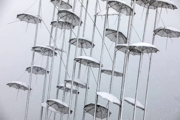 Heavy Snowfall City Center Umbrellas Installation New Waterfront — Stock Photo, Image