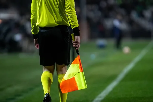 Thessaloniki Greece February 2019 Assistant Referee Holds His Flag Out — Stock Photo, Image